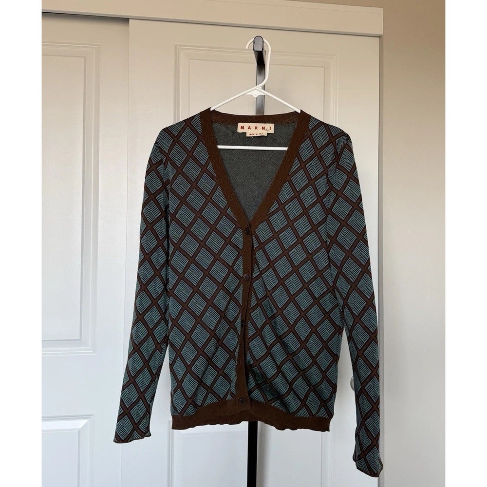 Marni jacquard cardigan geometric Blue Brown Size 44 US 8 Luxury Classic